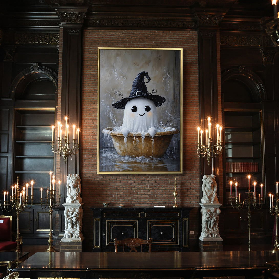 Canvas Print featuring a cute ghost in a witch hat, whimsical style, with a muted, autumnal color palette. Perfect Halloween decor!