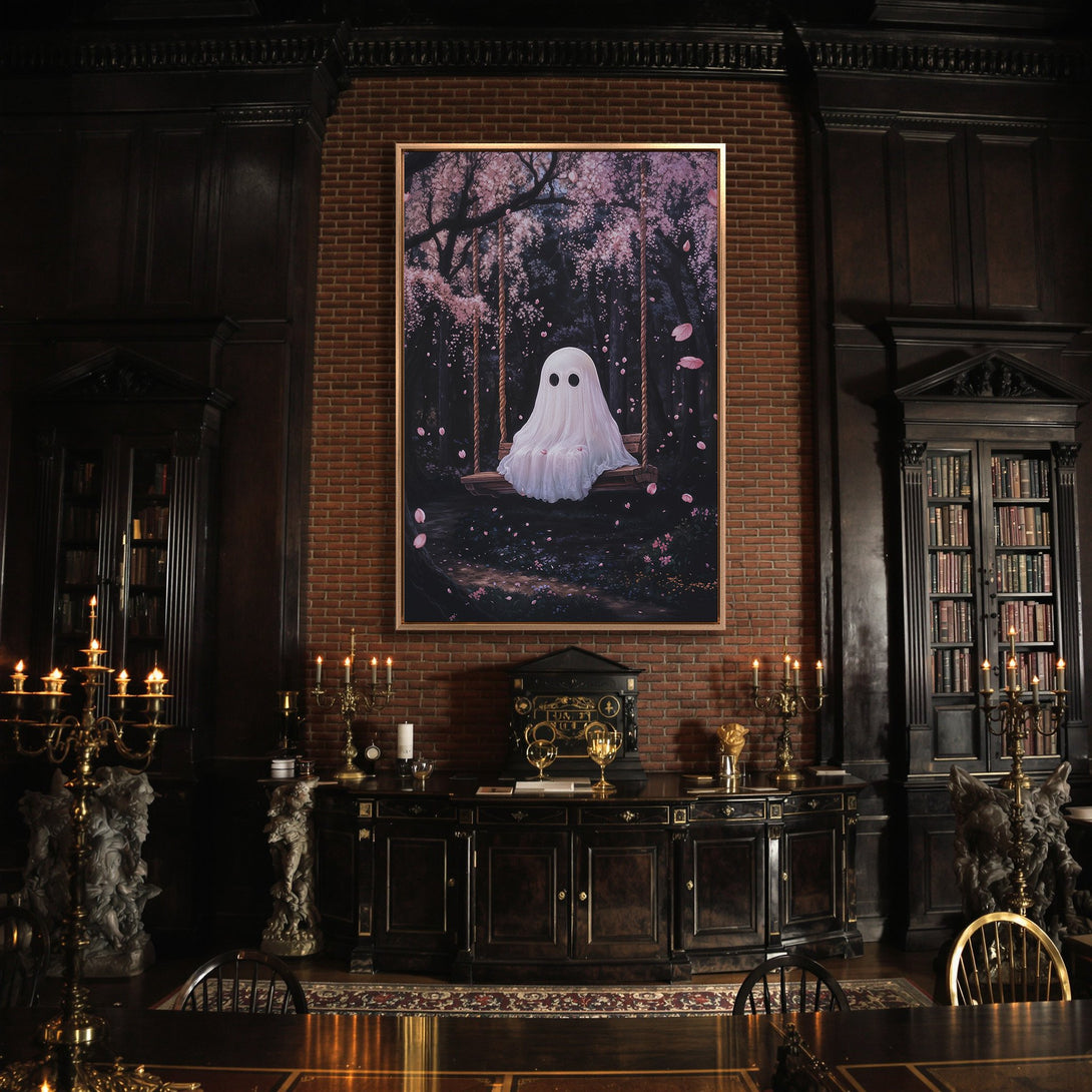 Framed Wall Art: Whimsical ghost on swing in a pink and black forest. Perfect for adding a touch of spooky charm to your home decor.