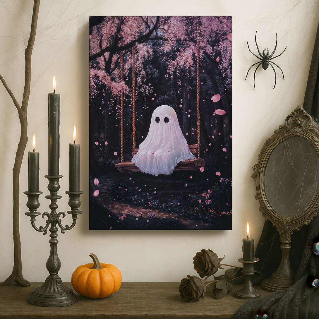 Framed Wall Art: Whimsical ghost on a swing in a pink floral forest. Dark, moody aesthetic with a touch of fantasy. Perfect for adding unique art to your home.