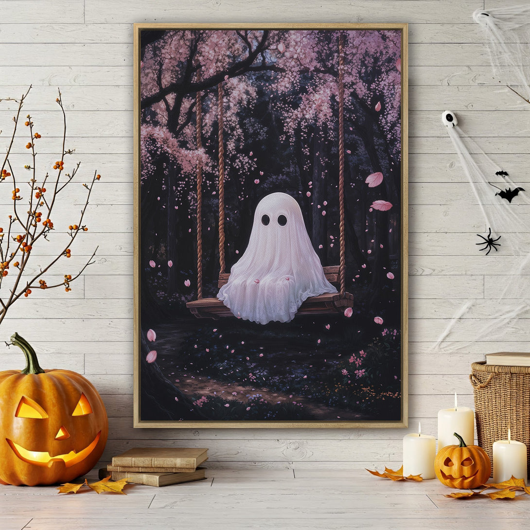 Framed Wall Art: Adorable ghost on swing in a whimsical forest. Pastel pink and dark green color palette. Perfect Halloween decor for your home!