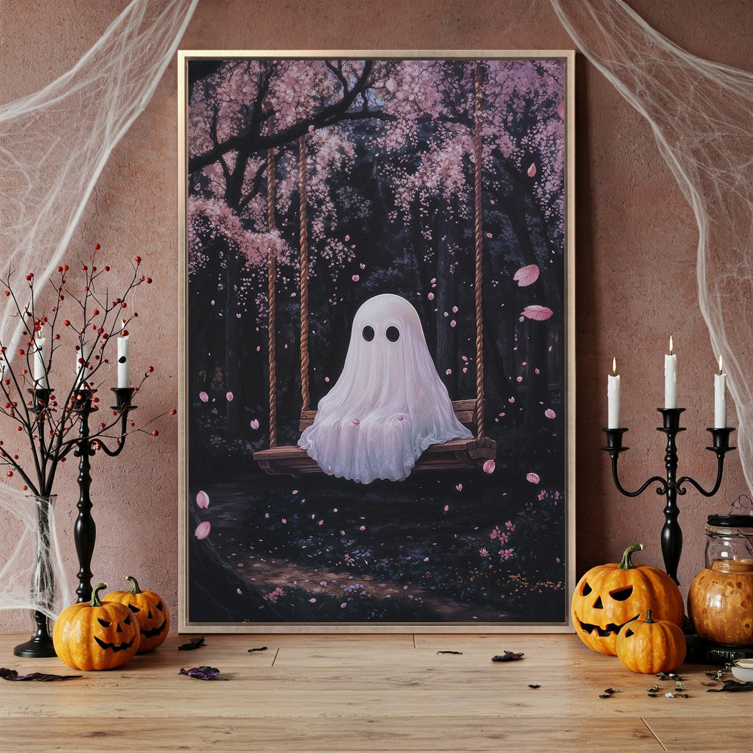Framed Wall Art: Whimsical ghost on a swing in a dark forest with pink blossoms. Perfect Halloween decor with a dreamy, romantic aesthetic.