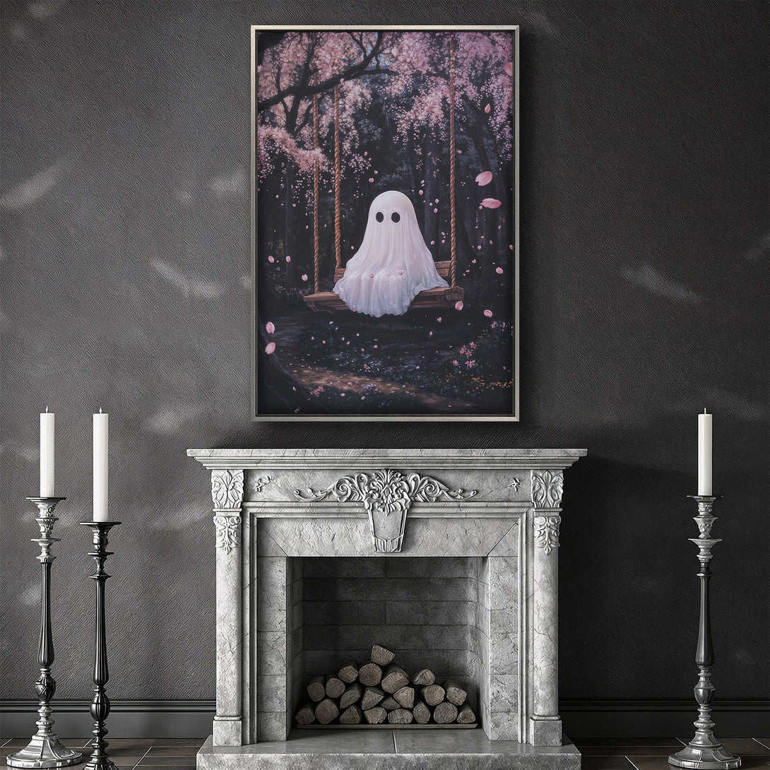 Framed Wall Art: Whimsical ghost on a swing in a pink cherry blossom forest. Pastel color palette. Perfect for adding a touch of fantasy to your home decor.