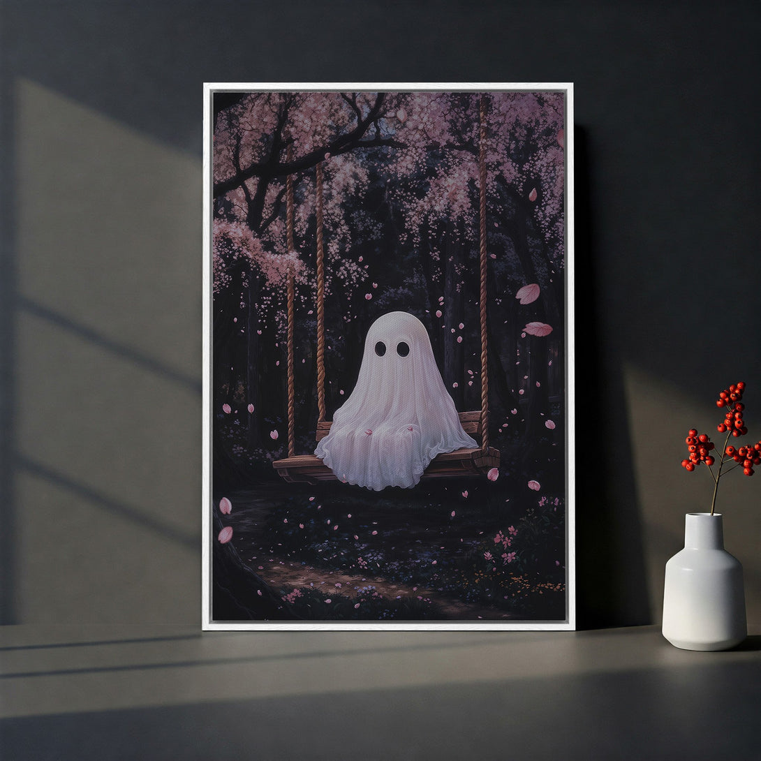 Framed Wall Art: Whimsical ghost on a swing in a dark forest with pink blossoms. Gothic-inspired art with a moody, romantic color palette. Perfect home decor.