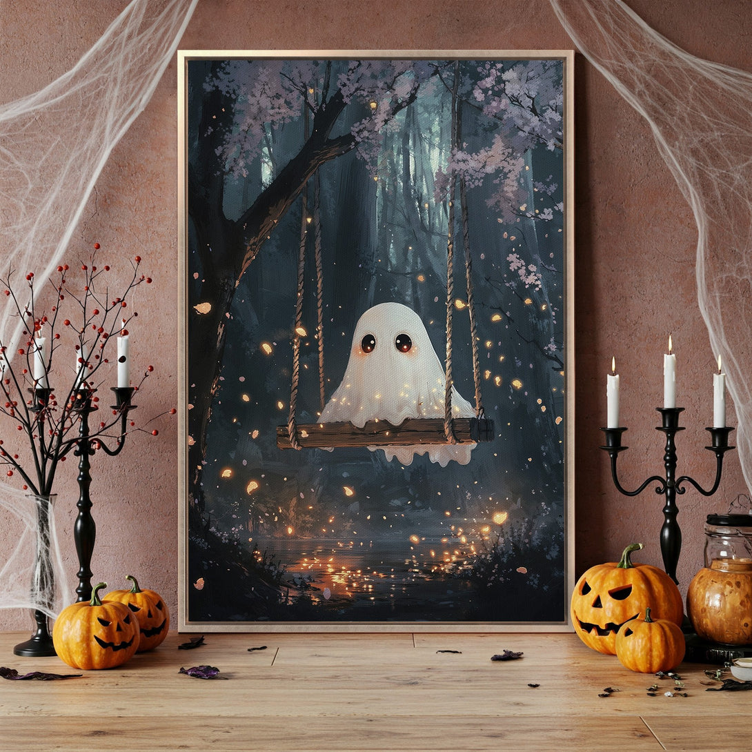 Framed Wall Art featuring a cute ghost on a swing in a whimsical forest scene. Dark blue and green color palette with pops of warm light. Perfect Halloween decor!