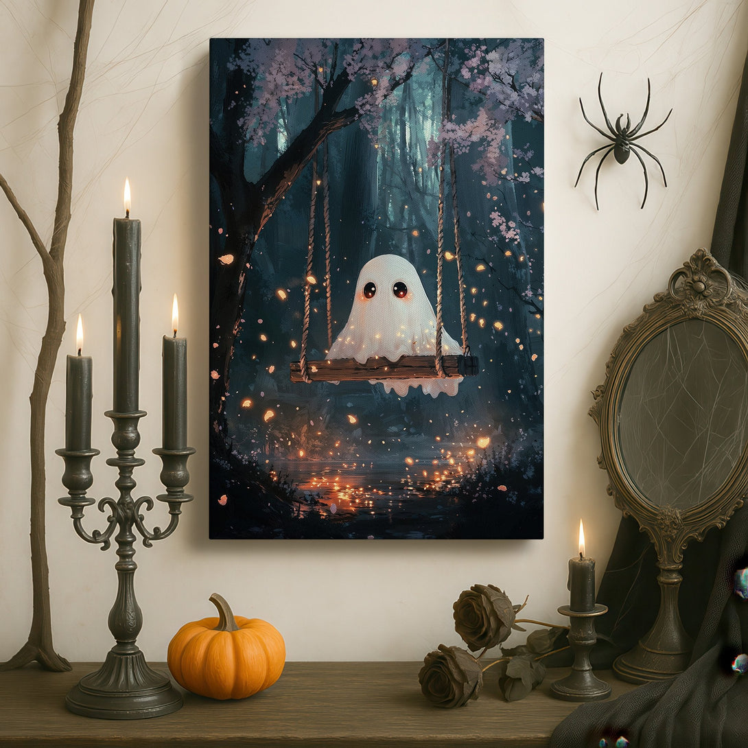 Framed Wall Art: Whimsical ghost on a swing in a dreamy forest scene. Soft, pastel color palette. Perfect for adding a touch of magic.
