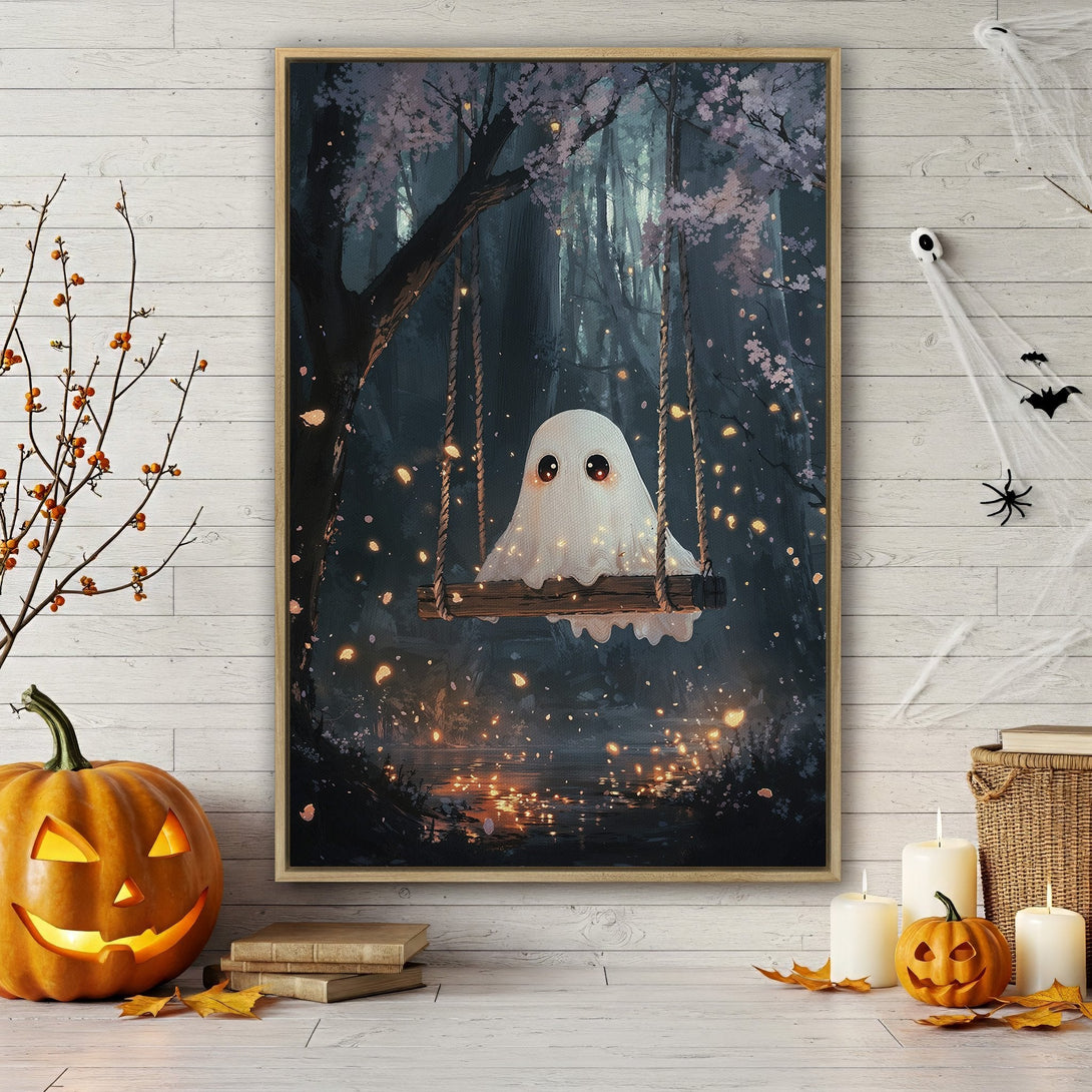 Framed Wall Art: Adorable ghost on swing in a whimsical forest scene. Dark, dreamy color palette. Perfect Halloween decor!
