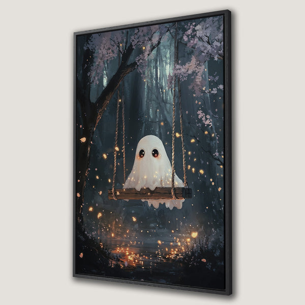Framed Wall Art featuring a cute ghost on a swing in a whimsical forest scene. Dark, moody color palette with pops of warm light. Perfect for adding a touch of magic!