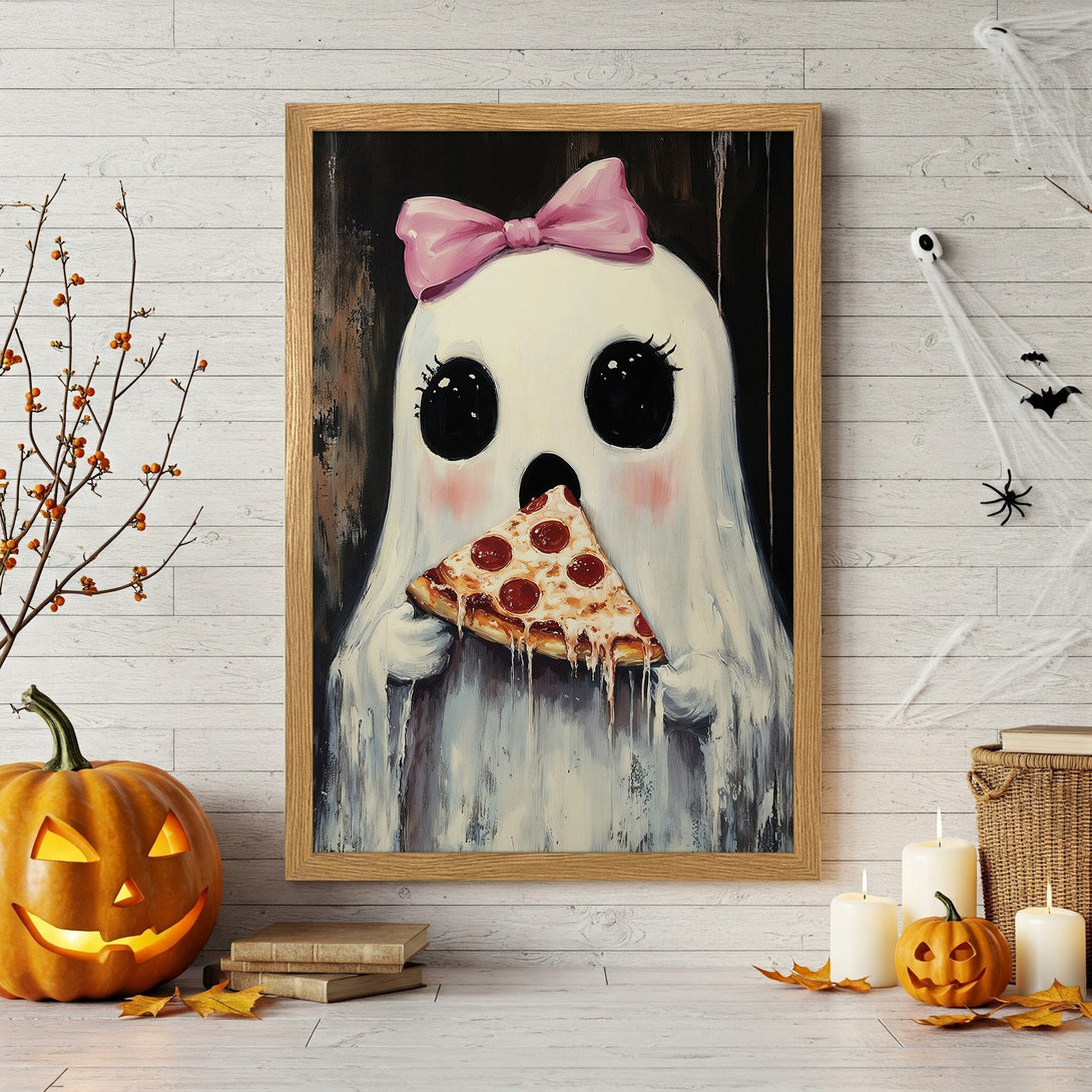 Framed Poster featuring a cute ghost eating pizza, whimsical illustration style with a pink, white, and black color palette. Perfect Halloween decor!