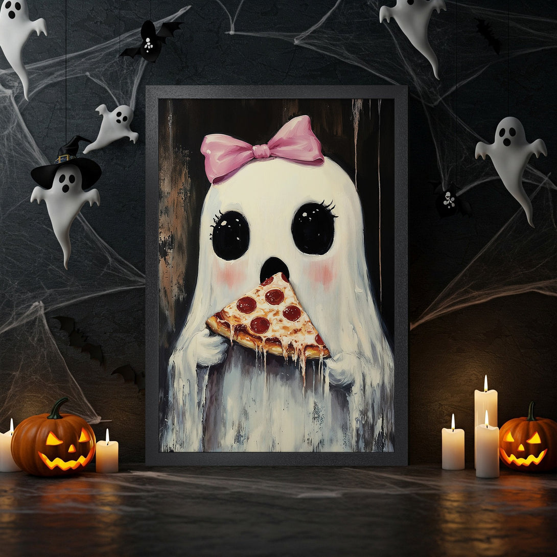 Framed Poster featuring a cute ghost eating pizza, Halloween style, with a black frame and a dark, spooky color palette.