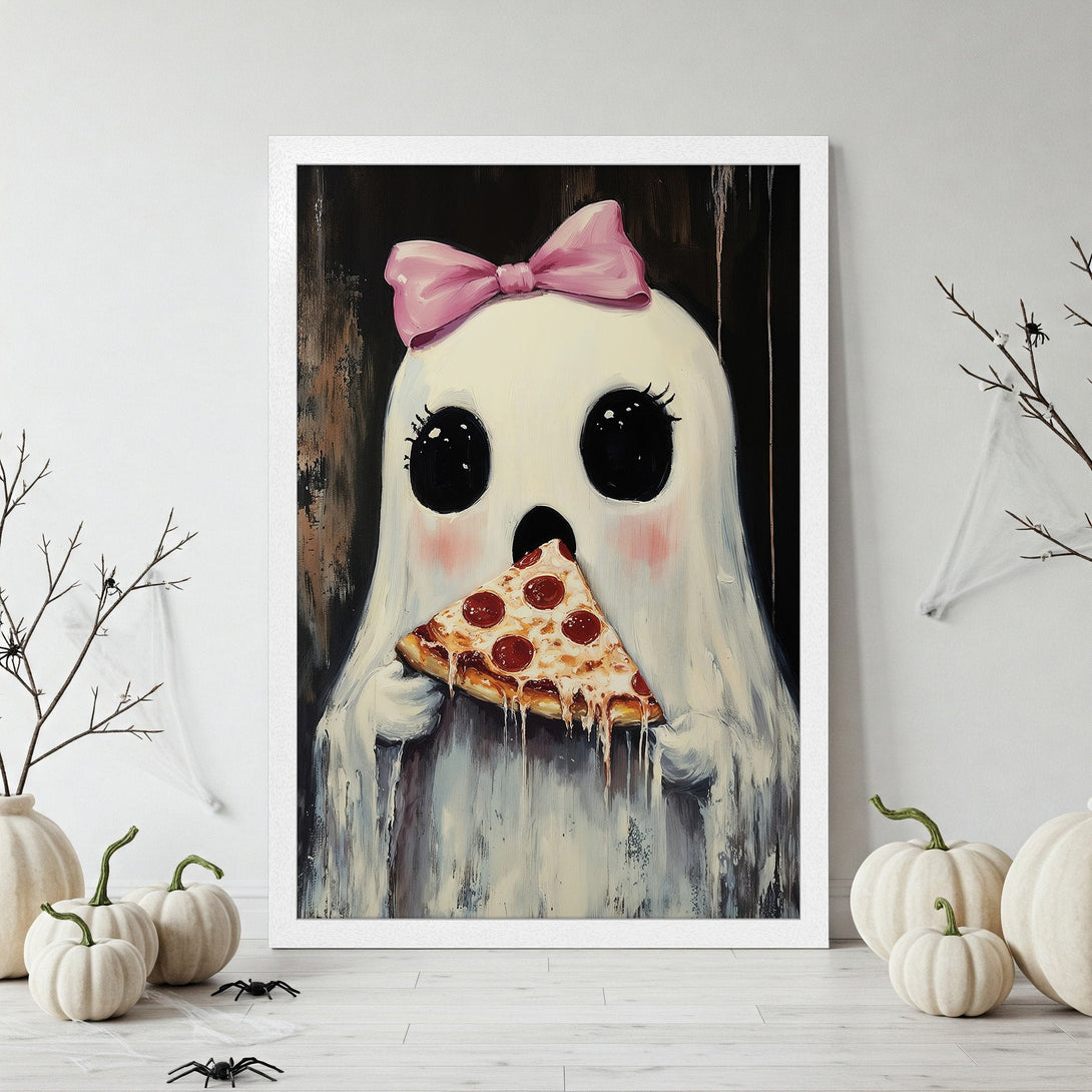 Framed Poster featuring a cute ghost eating pizza, with a whimsical style and a black, white, and pink color palette. Perfect Halloween decor!