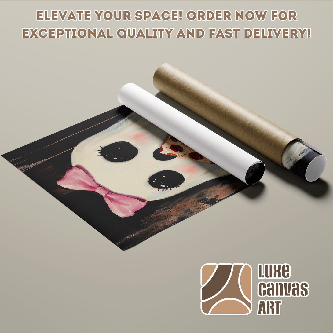 Poster Roll featuring a cute ghost illustration in a whimsical style with a pink bow, set against a black background, with neutral tones.