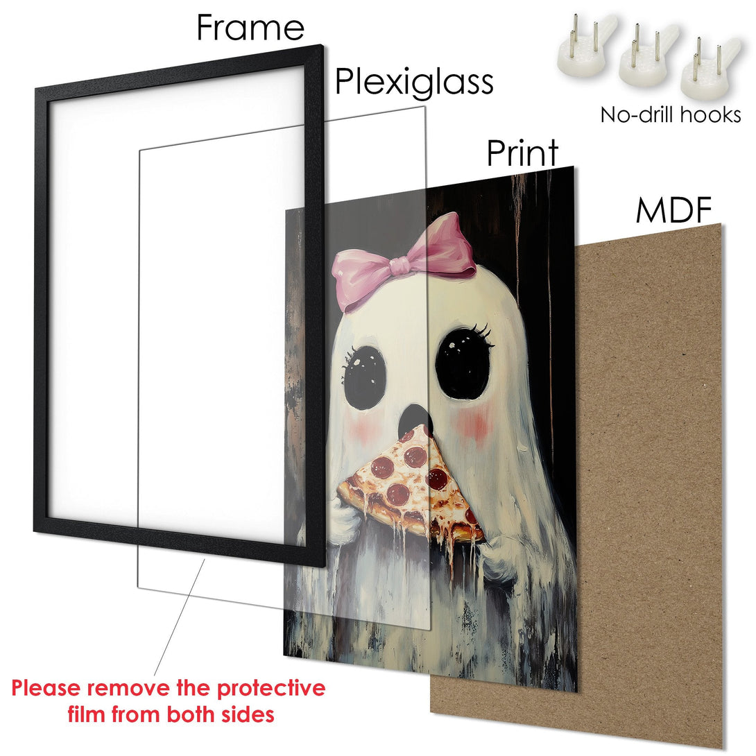 Framed Poster featuring a cute ghost eating pizza, painted style with a pastel color palette. Perfect wall art!