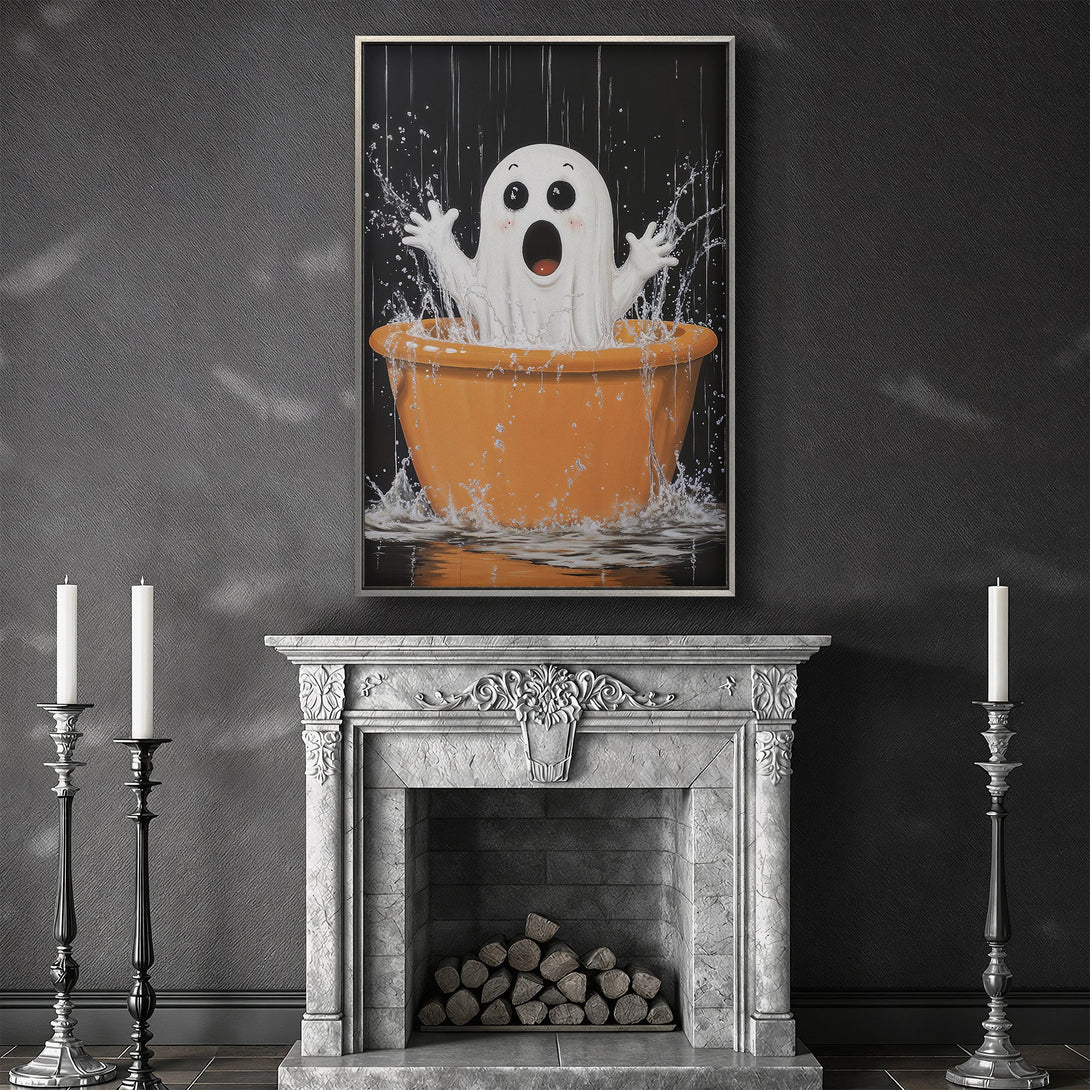 Framed Wall Art: Cute ghost in a bathtub, playful illustration. Black, white, and orange color palette. Perfect Halloween decor!