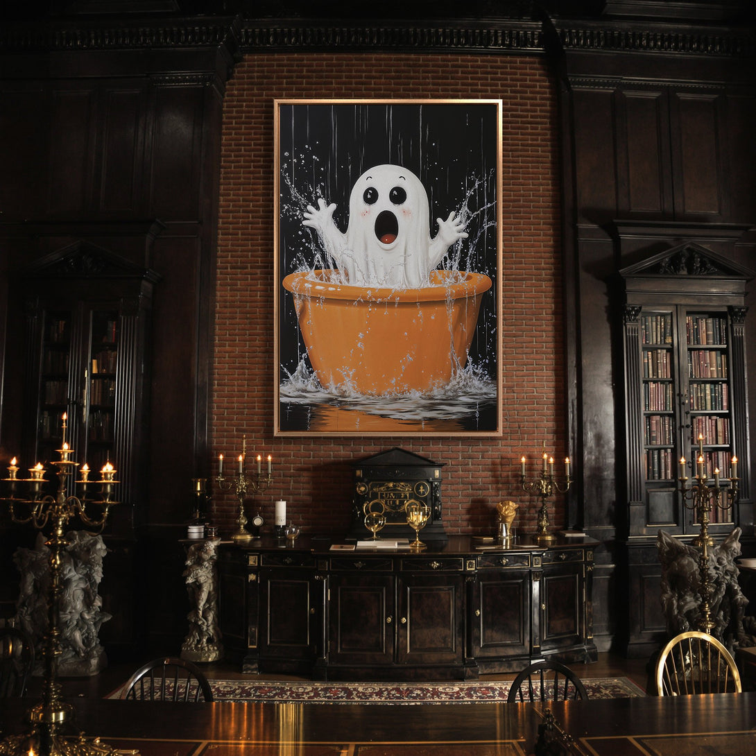 Framed Wall Art featuring a cute ghost in a bathtub, playful style, set in a dark interior with a warm, orange and black color palette. Add spooky charm to your space!