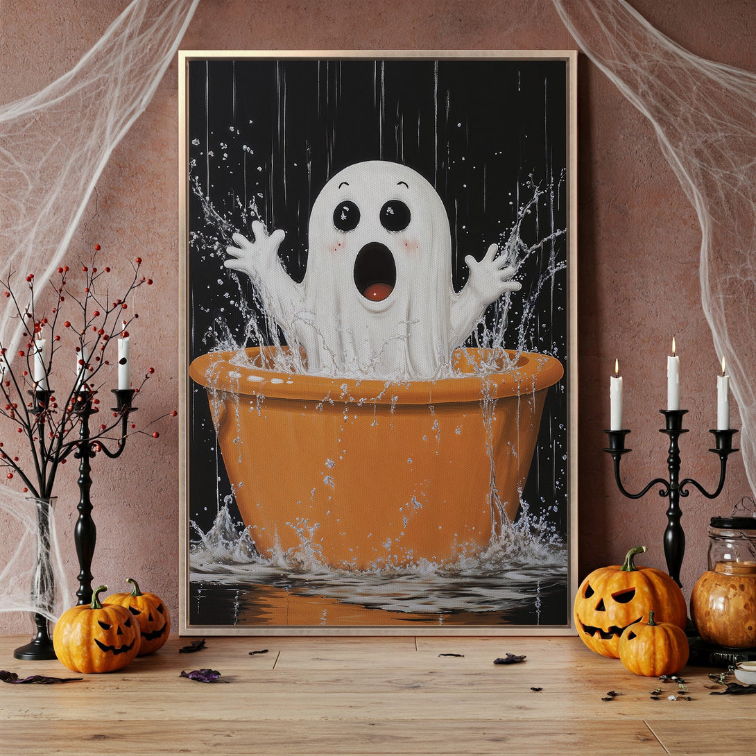 Framed Wall Art: Playful Halloween ghost in orange tub splash art. Perfect for spooky decor! Black, white, and orange color palette. Get yours today!