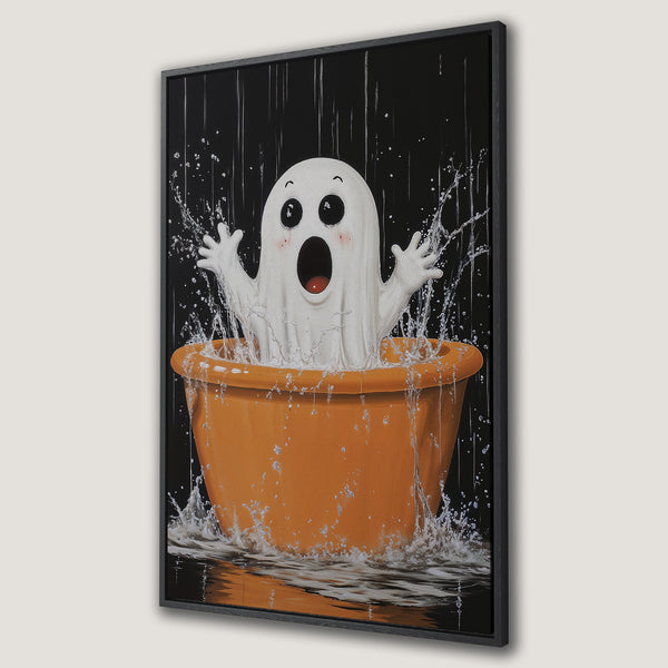 Framed Wall Art: Adorable ghost in a tub, playful art with a black, orange, and white color palette. Perfect Halloween decor!