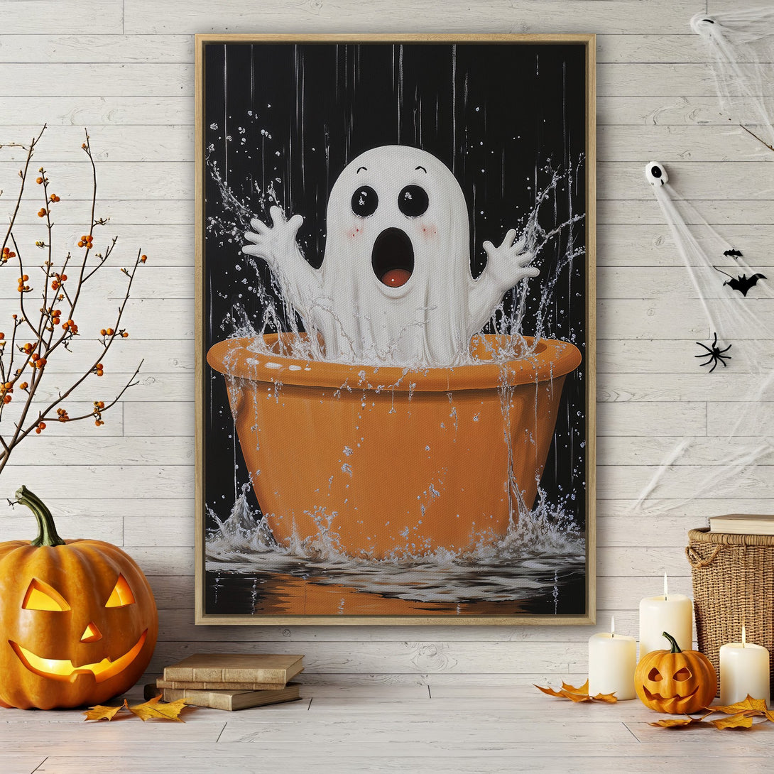 Framed Wall Art: Whimsical Halloween ghost in a tub with a black, orange, and white color palette. Perfect for spooky season decor!