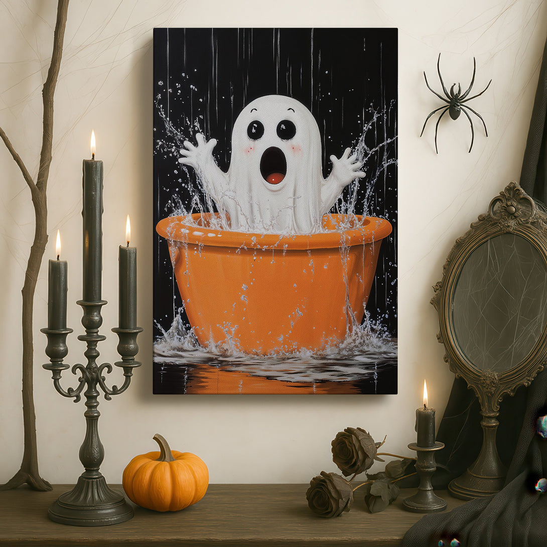 Framed Wall Art featuring a whimsical ghost in a bathtub, set against a black background. Playful design with orange, white, and black color palette, perfect for Halloween decor.