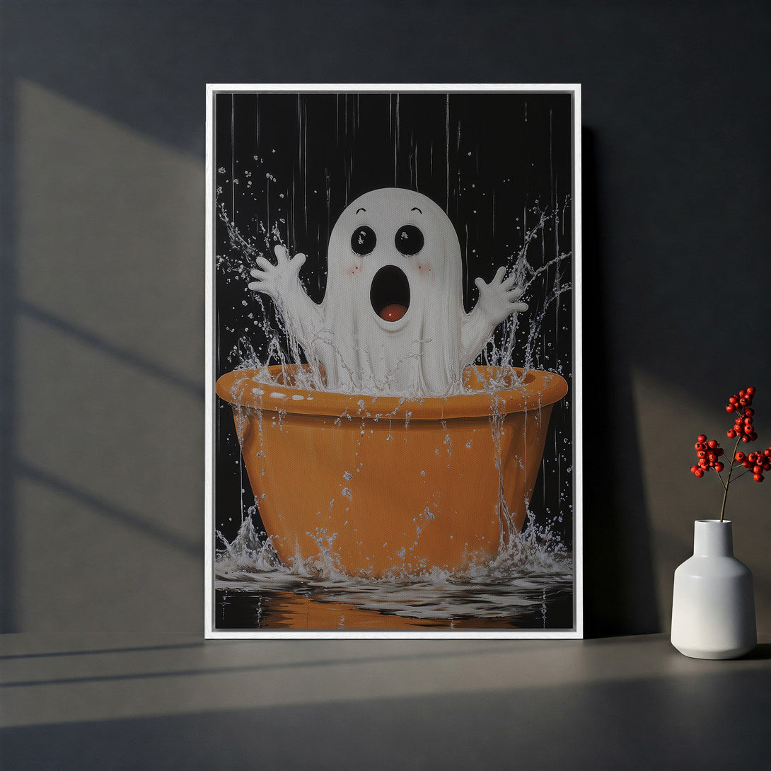 Framed Wall Art: Cute ghost in a bathtub, whimsical illustration with black, white, and orange color palette. Perfect Halloween decor!