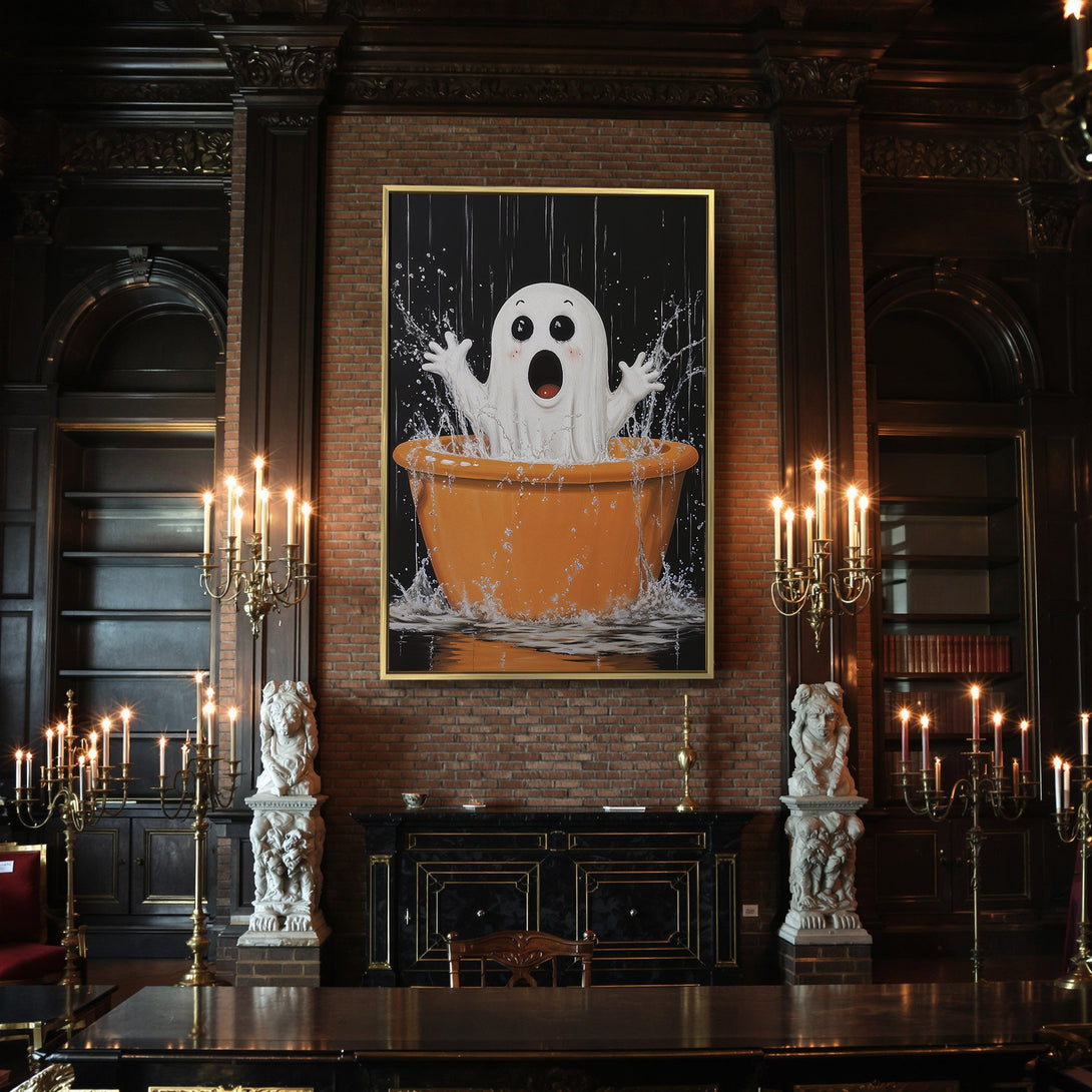 Canvas Print of a cute ghost in a bathtub. Halloween art in orange, black, and white. Spooky & fun wall decor.