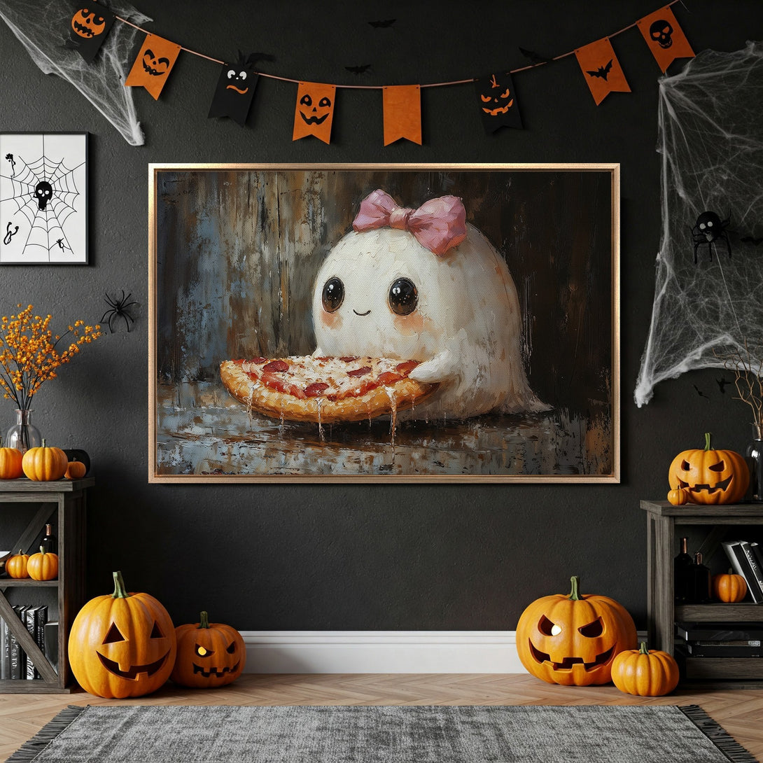 Framed Wall Art featuring a cute ghost eating pizza, perfect for Halloween decor. Whimsical style, warm color palette with black, orange, and white.