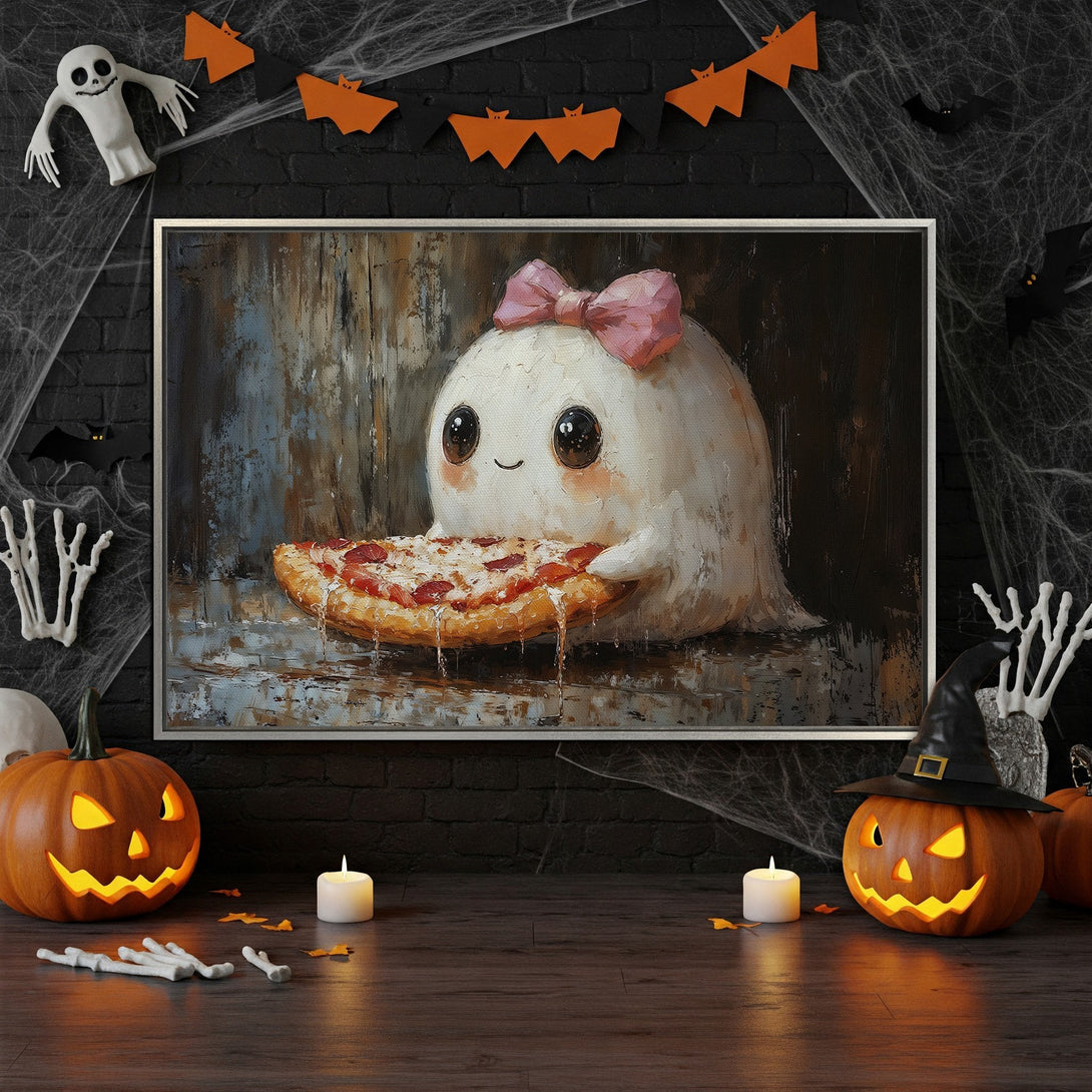 Framed Wall Art: Adorable ghost art print enjoying pizza. Whimsical style, soft color palette. Perfect Halloween home decor!