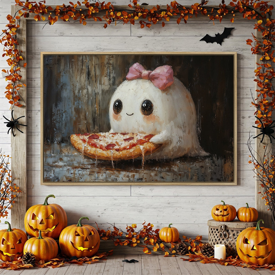 Framed Wall Art: Cute ghost with pizza, whimsical style, warm orange & brown palette, perfect Halloween decor. Shop unique canvas prints!