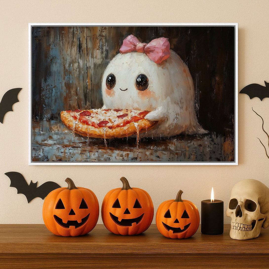 Framed Wall Art: Adorable ghost enjoying pizza! Whimsical oil painting style with a warm, earthy color palette. Perfect Halloween decor for your home.