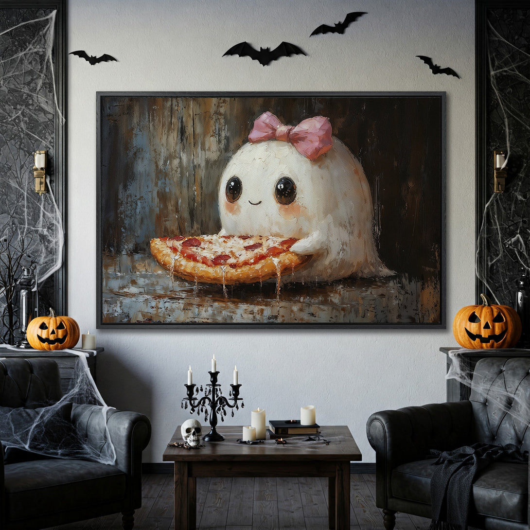 Framed Wall Art: Adorable ghost enjoying pizza, whimsical oil painting style. Halloween decor with a warm, inviting color palette. Perfect for spooky season!