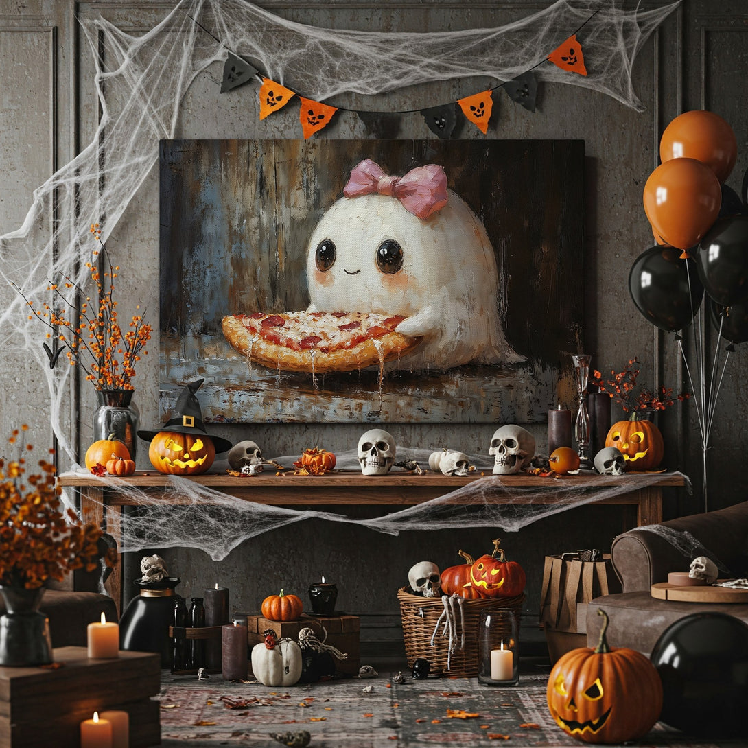 Framed Wall Art: Adorable ghost enjoying pizza. Whimsical painting with a warm, autumnal color palette. Perfect Halloween decor for a cozy space.