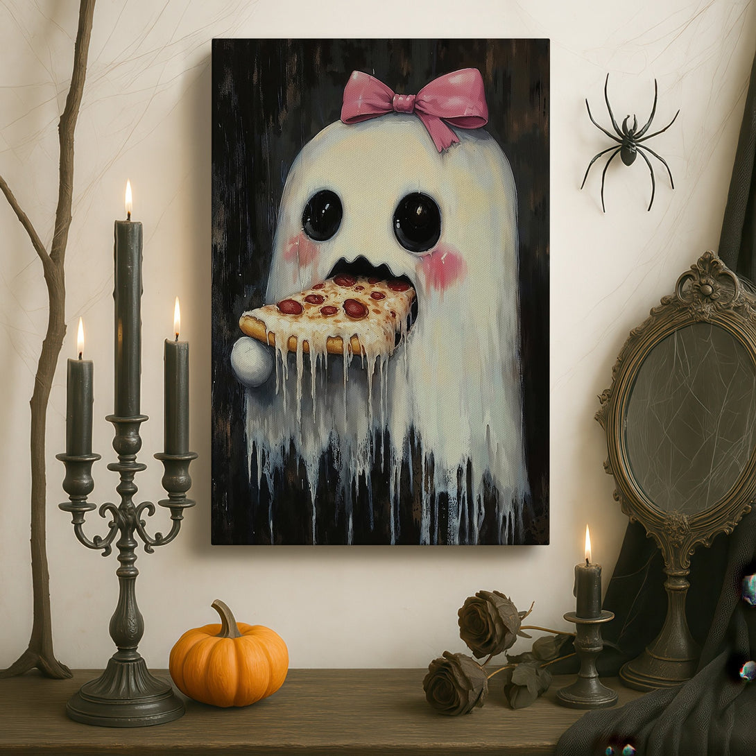 Framed Wall Art: Whimsical ghost eating pizza, a fun pop art piece with a pink bow. Neutral palette with black, white, and brick red tones.