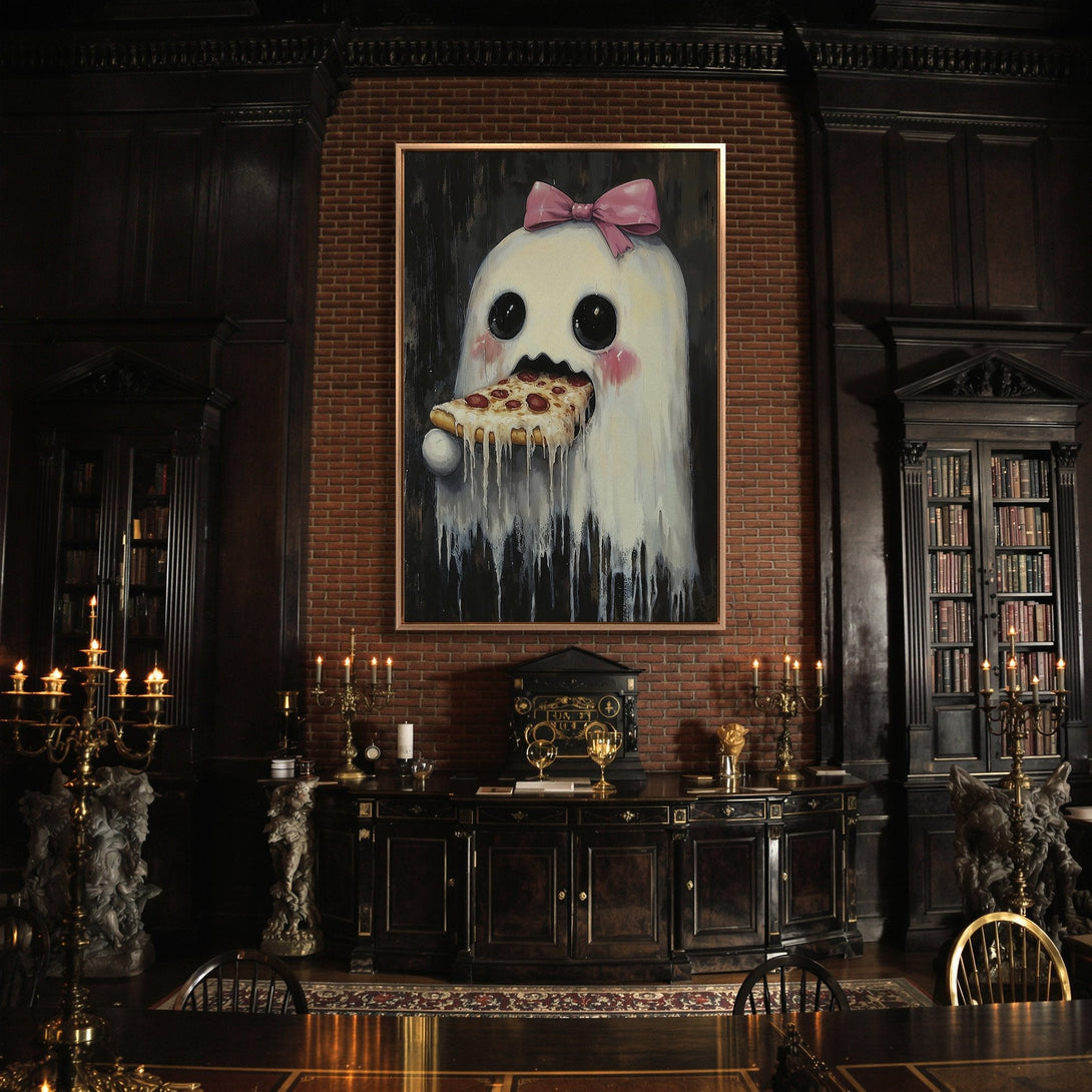 Framed Wall Art: Whimsical ghost eating pizza, pop art style. Pastel pink bow, black/white/red color palette. Perfect for adding personality to your space!
