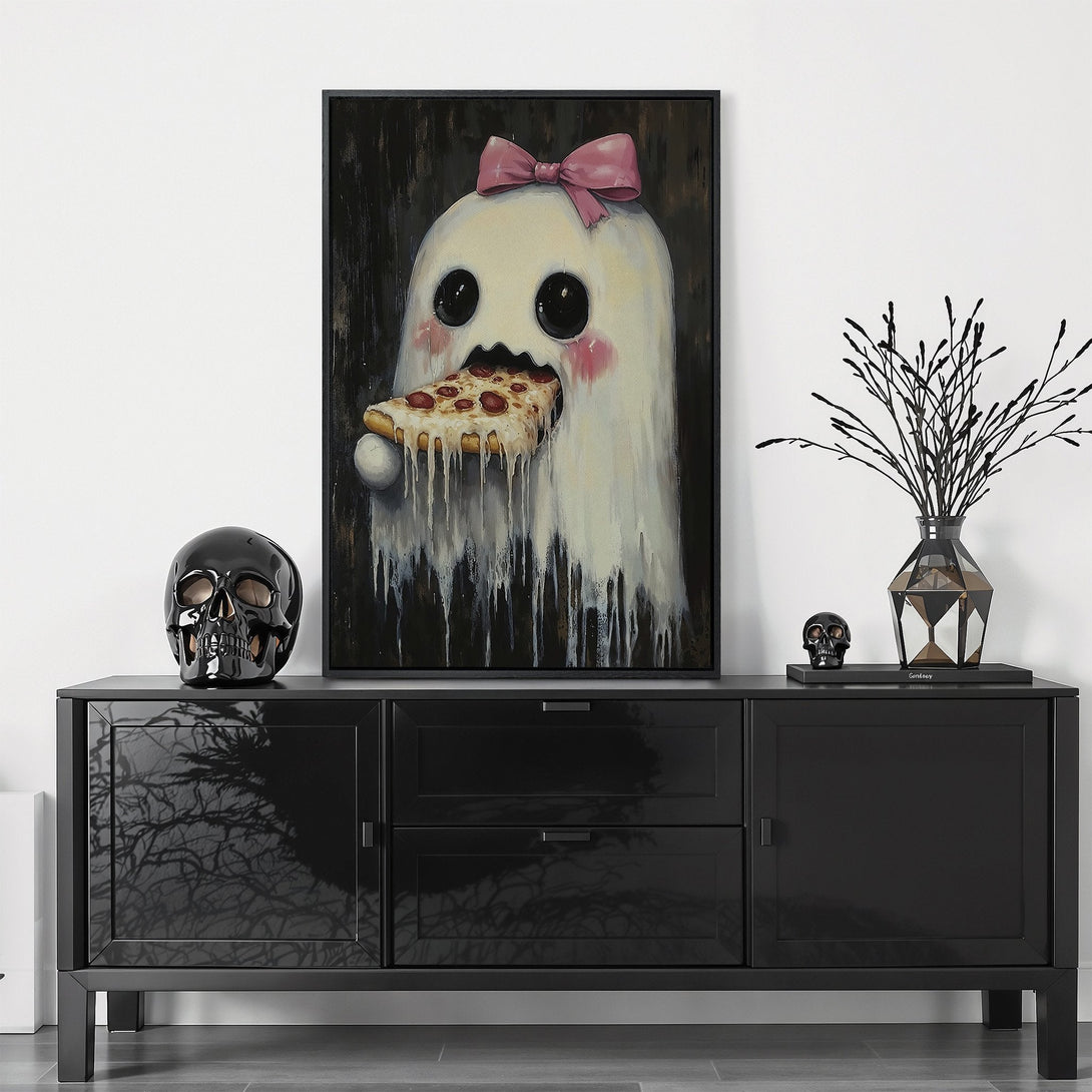 Framed Wall Art: Whimsical ghost art eating pizza, with a pink bow. Modern, playful style with a white, black, and pink color palette. Perfect for your home decor!