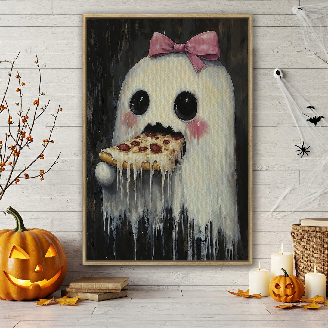 Framed Wall Art: Adorable ghost enjoying pizza, perfect for Halloween decor! Whimsical illustration in a neutral color palette. Add spooky fun to your space!