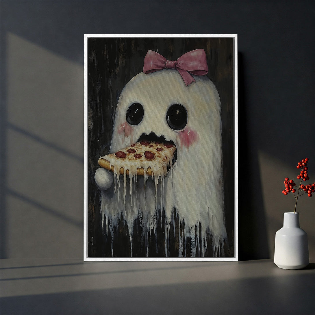 Framed Wall Art: Cute ghost eating pizza. Whimsical illustration in a dark, moody color palette. Perfect for adding personality to your home decor.