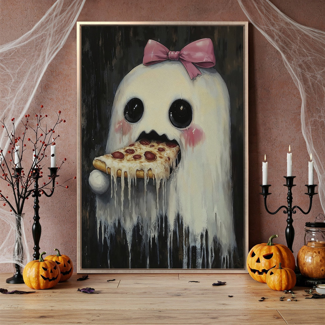 Framed Wall Art: Whimsical ghost eating pizza, pastel colors. Perfect Halloween decor! Unique art piece for your home.