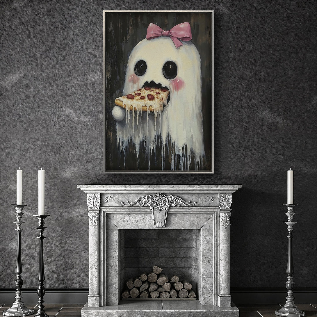 Framed Wall Art of a cute ghost eating pizza, whimsical style, pale pink bow, dark gray and black color palette, perfect for modern home decor.