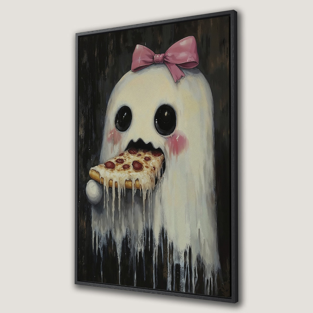 Framed Wall Art: Whimsical ghost with pink bow eating pizza. Modern art with a black, white, and pink color palette. Perfect for adding personality to any room.