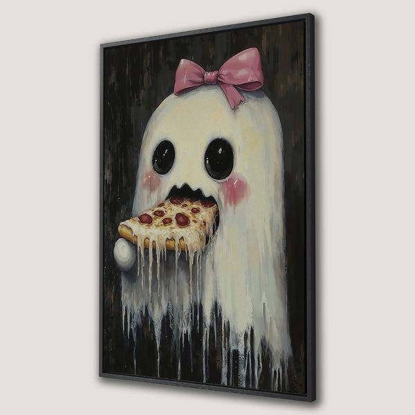 Framed Wall Art: Whimsical ghost with pink bow eating pizza. Modern art with a black, white, and pink color palette. Perfect for adding personality to any room.