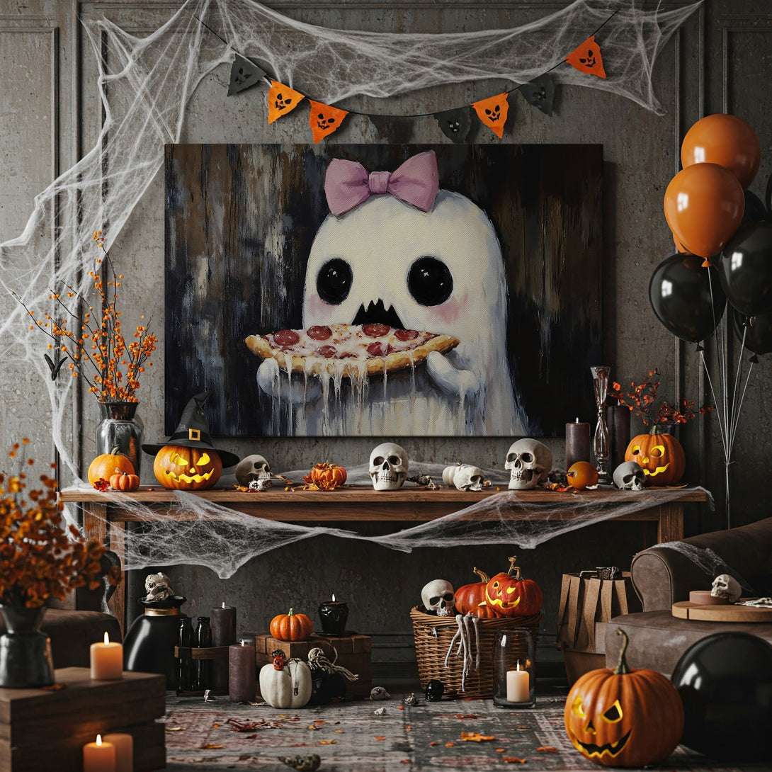 Framed Wall Art: Adorable ghost eating pizza, whimsical Halloween decor. Features a black, white, and pink color palette. Spooky and fun!