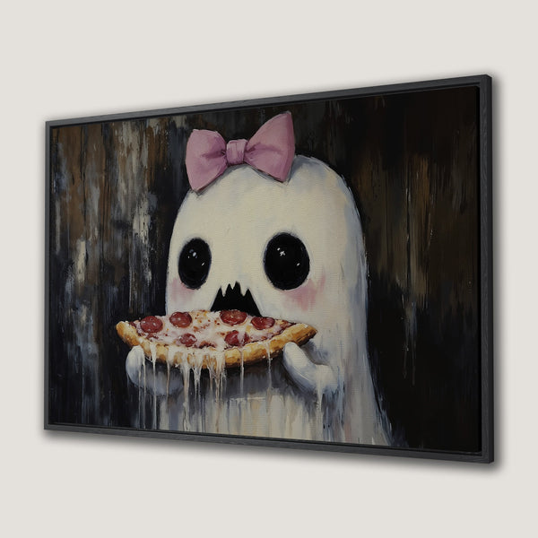 Framed Wall Art: Adorable ghost enjoying pizza! Whimsical style with a black, white, and pink color palette. Perfect for adding fun art to your home.