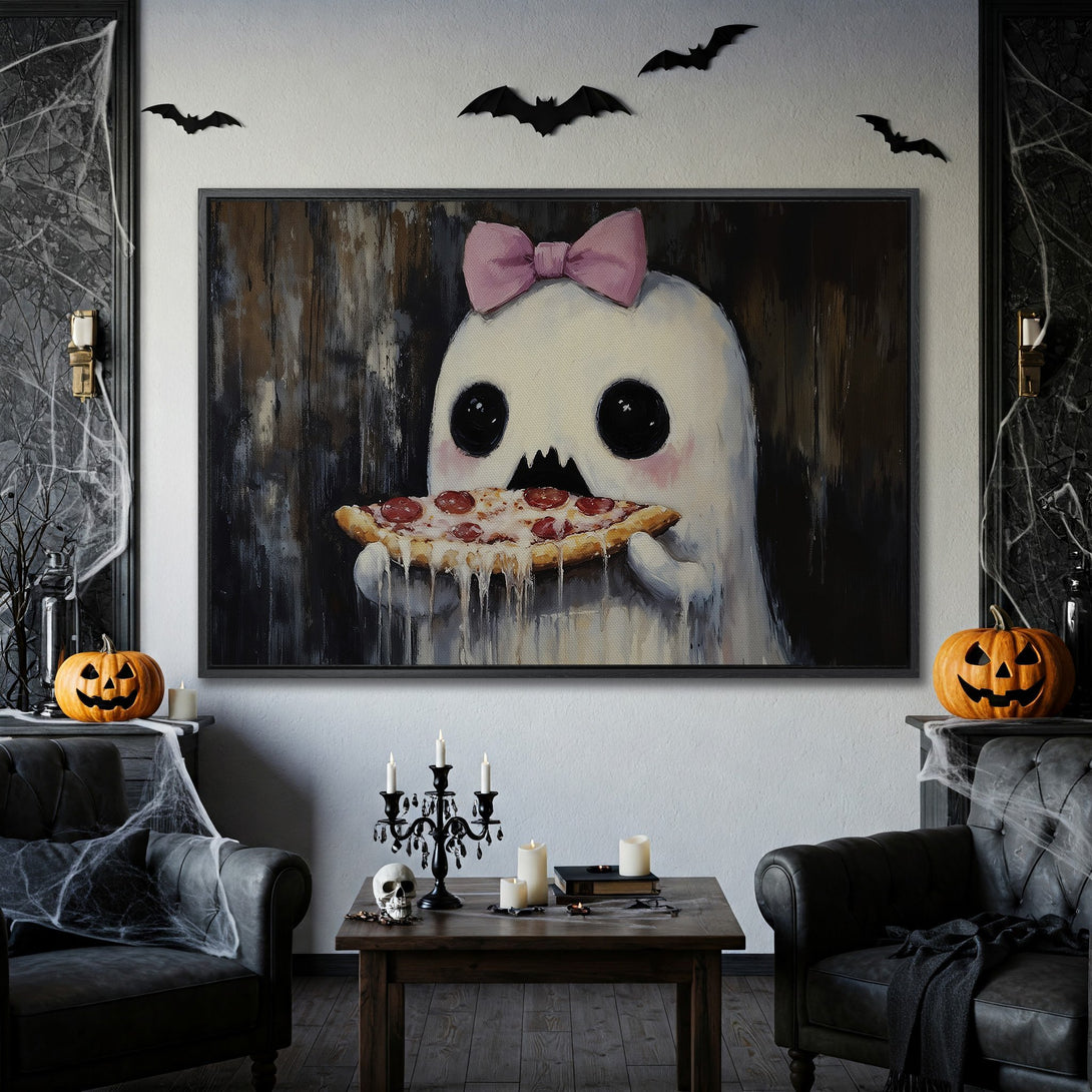 Framed Wall Art: Cute ghost with pizza, Halloween decor. Whimsical art in black, white, and pink. Perfect for spooky season!