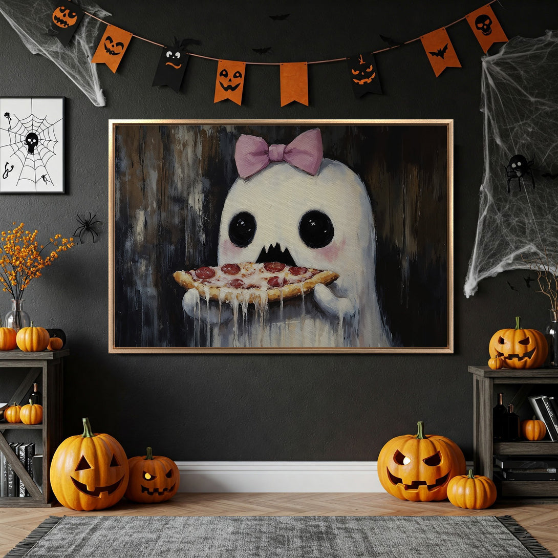 Framed Wall Art: Adorable ghost eating pizza, Halloween decor. Whimsical art in a dark, moody palette. Perfect for spooky season!