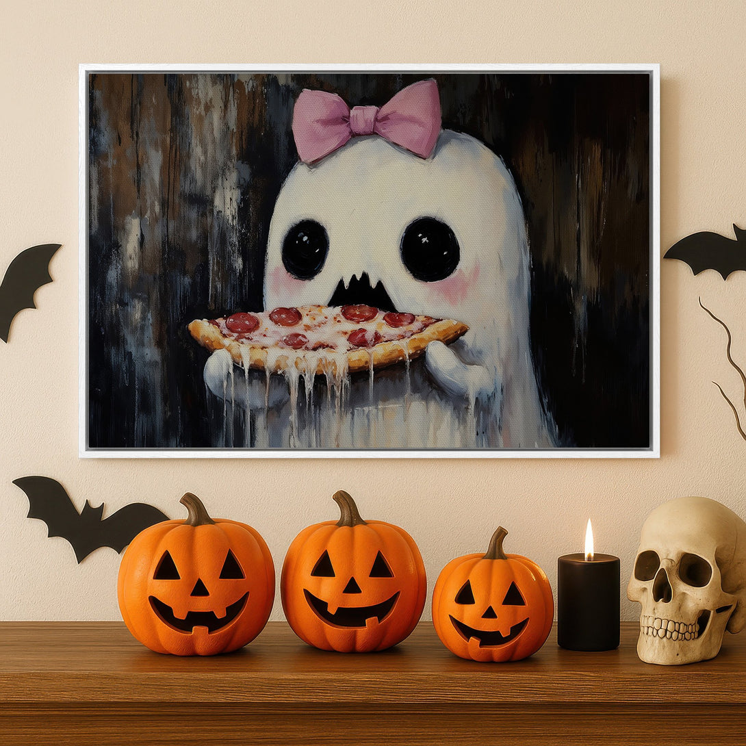 Framed Wall Art: Whimsical ghost eating pizza, Halloween-themed artwork in a dark, moody color palette. Perfect for adding a spooky touch to your decor!