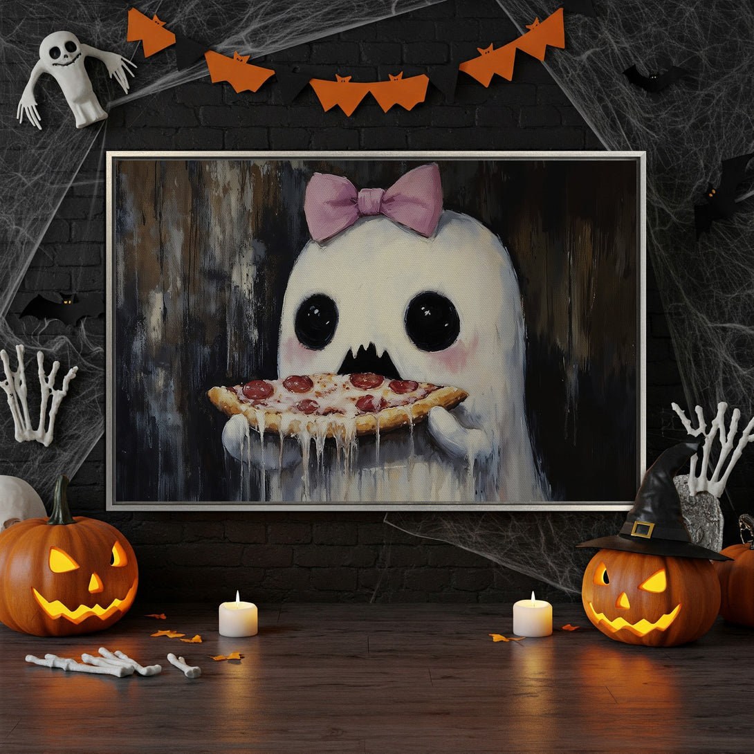 Framed Wall Art: Cute ghost eating pizza. Whimsical Halloween art with a black, white, and orange color palette. Perfect spooky decor for your home!