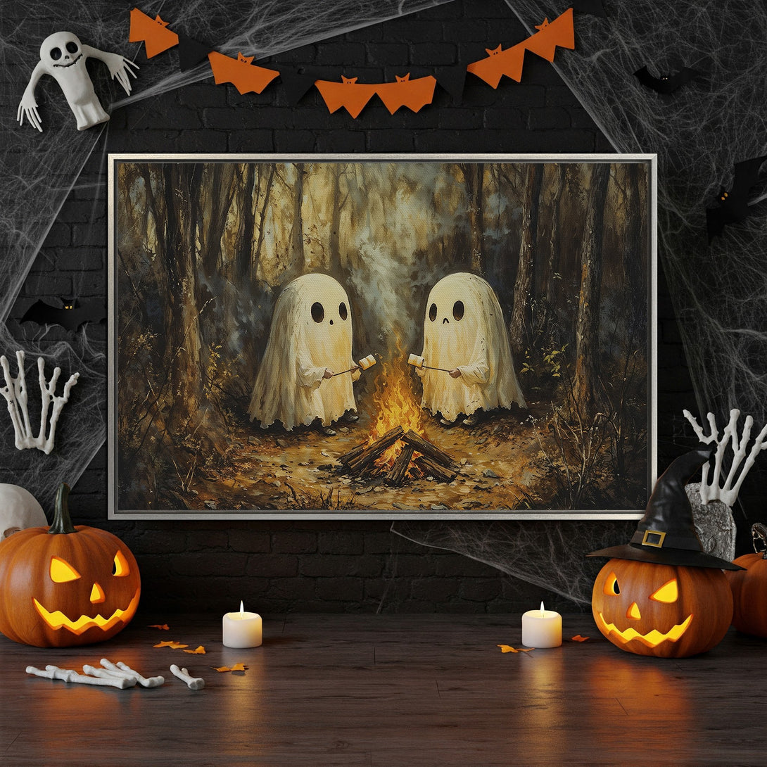 Framed Wall Art: Spooky Halloween scene with ghosts roasting marshmallows. Earthy tones and dark forest backdrop. Perfect for seasonal decor!