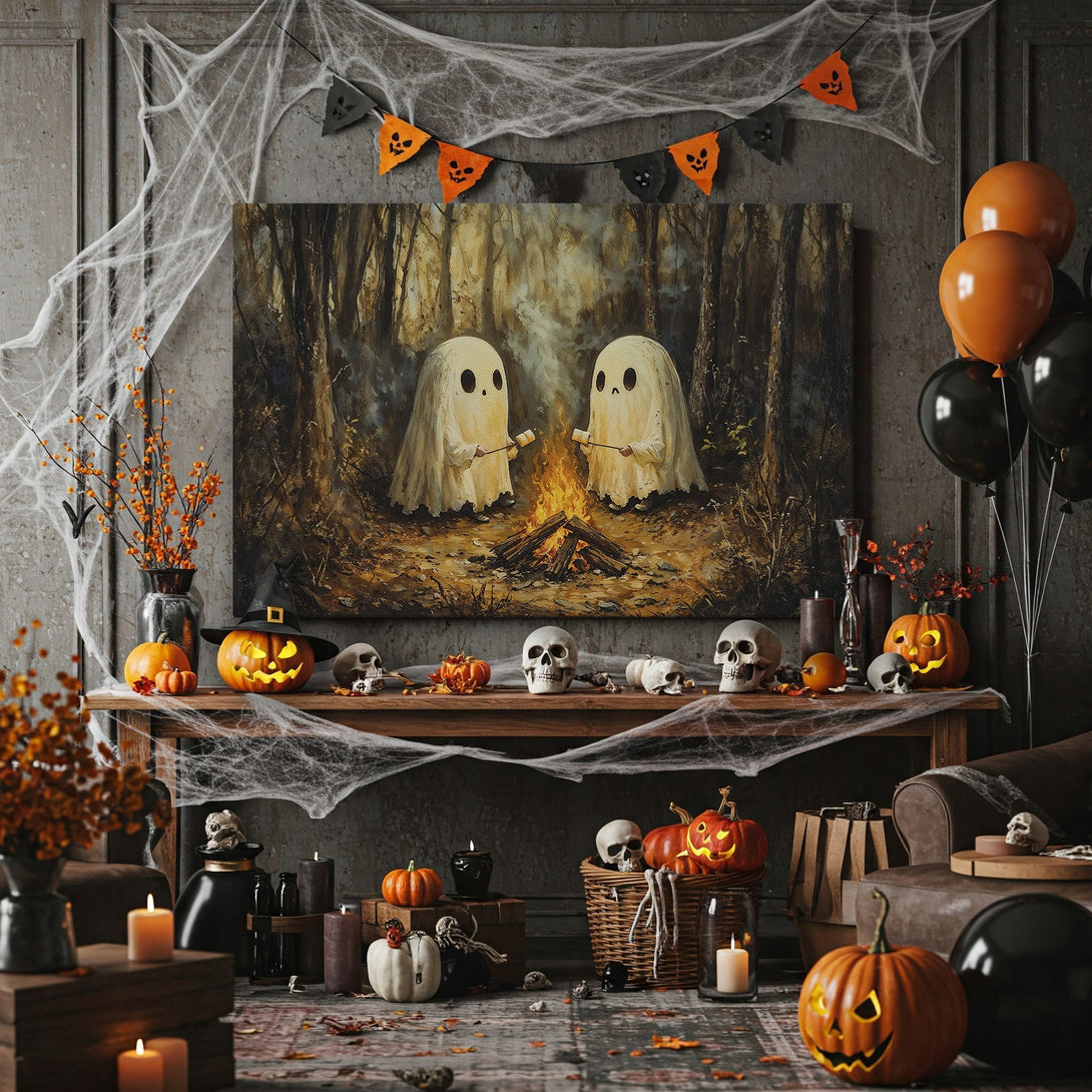 Framed Wall Art: Spooky Halloween scene with ghosts roasting marshmallows. Dark, moody color palette. Perfect for fall decor.