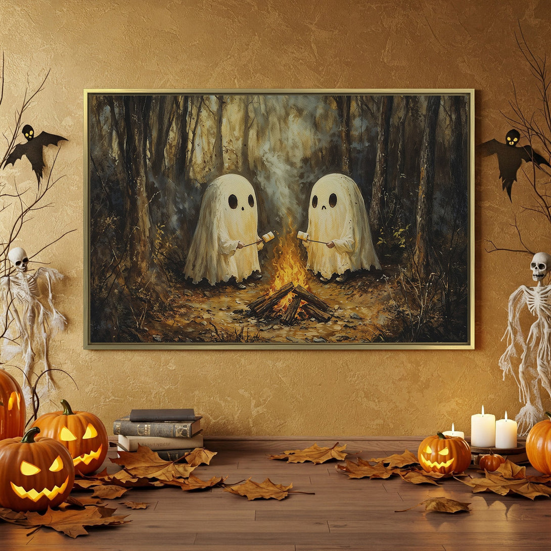 Halloween Canvas Print featuring ghosts roasting marshmallows, warm orange and brown tones, perfect for spooky decor.