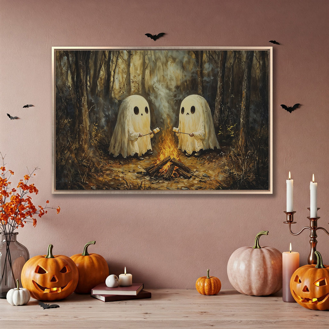 Framed Wall Art: Spooky Halloween scene with ghosts roasting marshmallows. Warm, autumnal color palette. Perfect for fall decor!