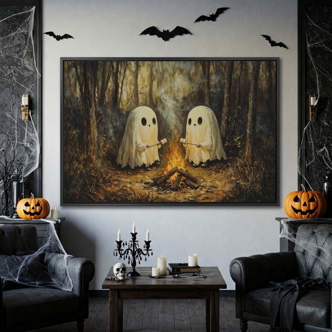 Framed Wall Art: Spooky Halloween scene with two ghosts roasting marshmallows by a campfire. Warm, earthy tones with a touch of mystery. Perfect for your haunted home!